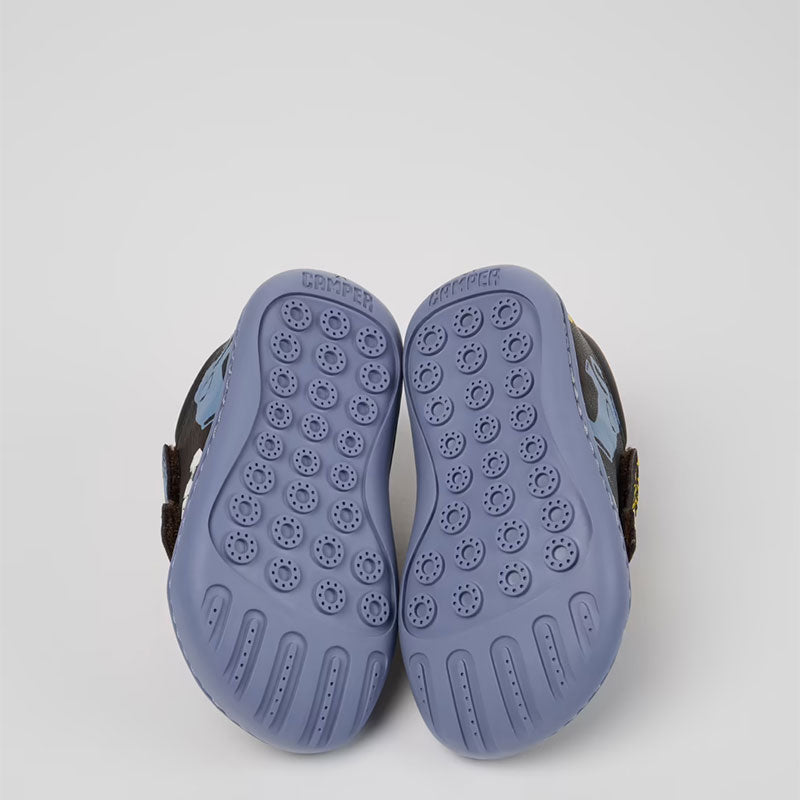 Pair of Camper Kids Twins Velcro Strap Leather Shoes - Animal Print Multi, sole view.