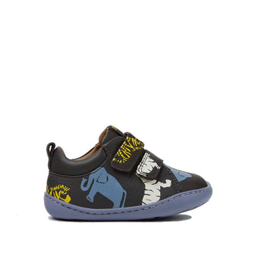 Camper Kids Twins Velcro Strap Leather Shoe - Animal Print Multi, outer side view.