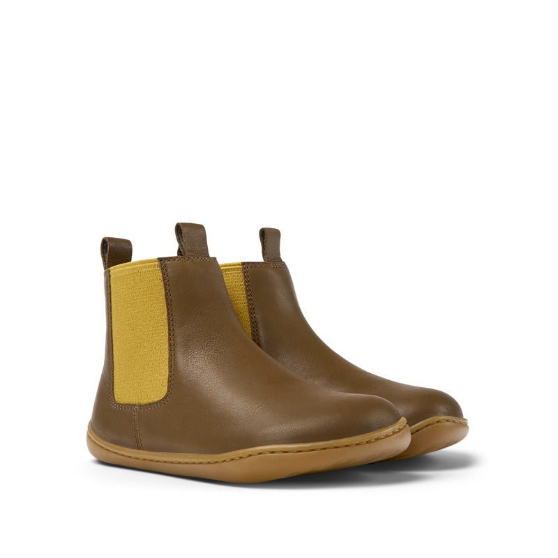 Pair of Camper Kids Peu Chelsea Boots - Brown, angled view showing outer side and front.