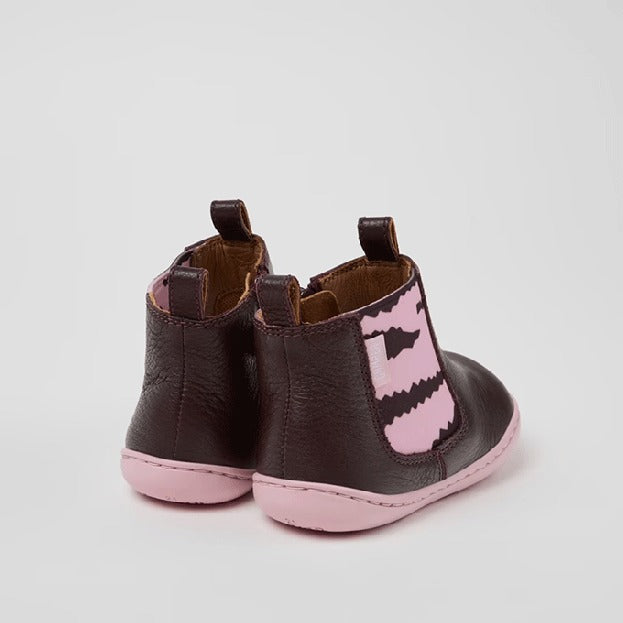 Pair of Camper Kids Peu Twins Chelsea Boots in burgundy, angled view showing outer side and rear.