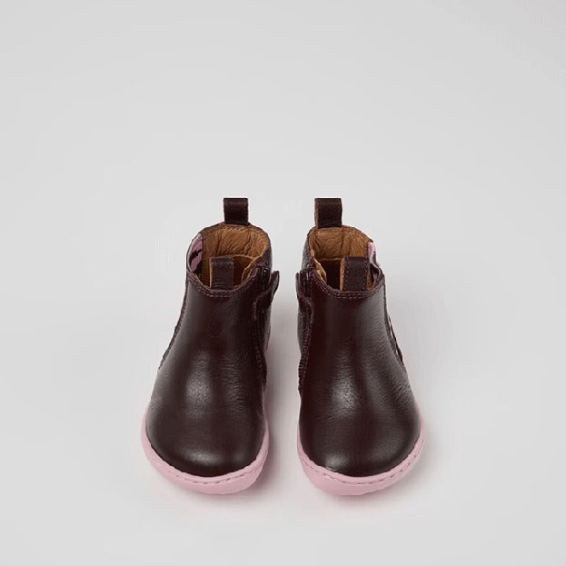 Pair of Camper Kids Peu Twins Chelsea Boots in burgundy, front view.