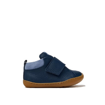 Camper Kids First Walker Peu Leather Ankle Boot in blue, outer side view.
