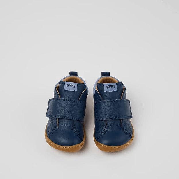 Pair of Camper Kids First Walker Peu Leather Ankle Boots in blue,, front view.