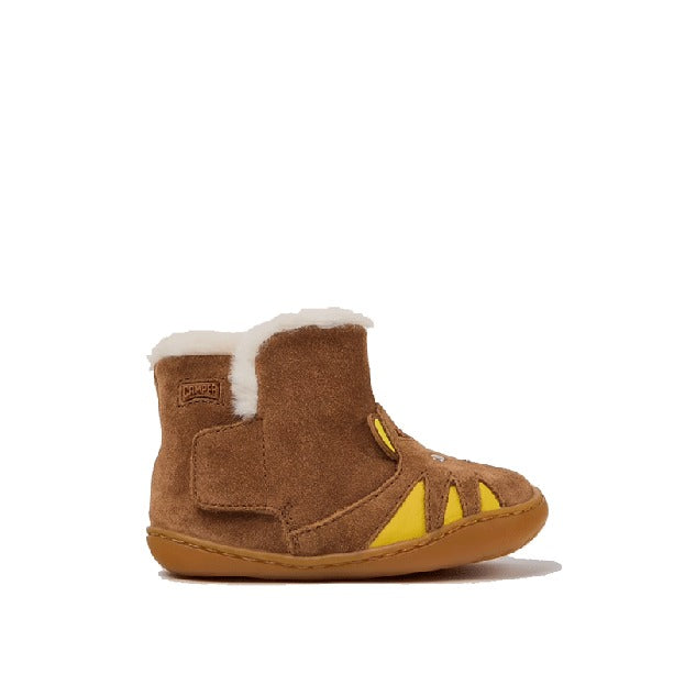 Camper Kids First Walker Peu Nubuck and Leather Ankle Boot in brown, outer side view.