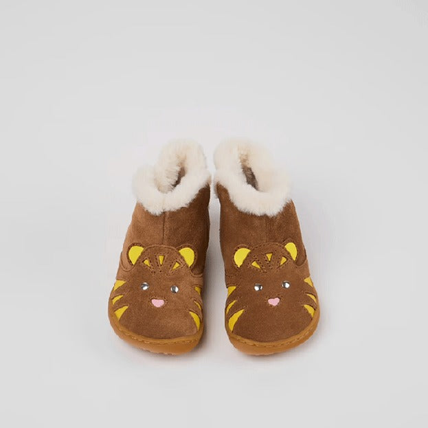 Pair of Camper Kids First Walker Peu Nubuck and Leather Ankle Boots in brown, front view.