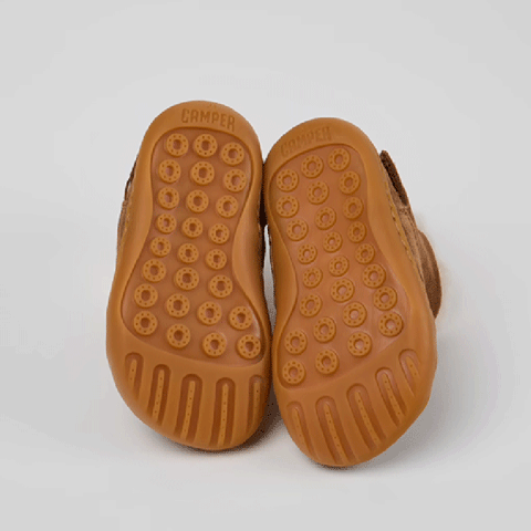 Pair of Camper Kids First Walker Peu Nubuck and Leather Ankle Boots - Brown, sole view.