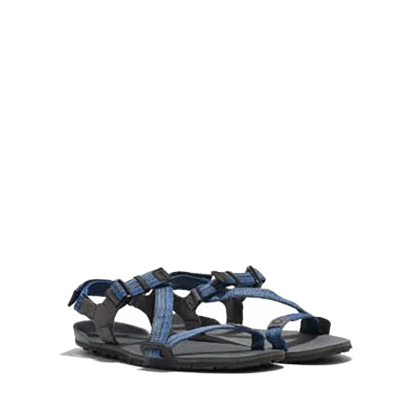 Pair of Xero Kids Sports Sandals Z-Trail - Charcoal Multi Blue, angled view showing the outer side and front.