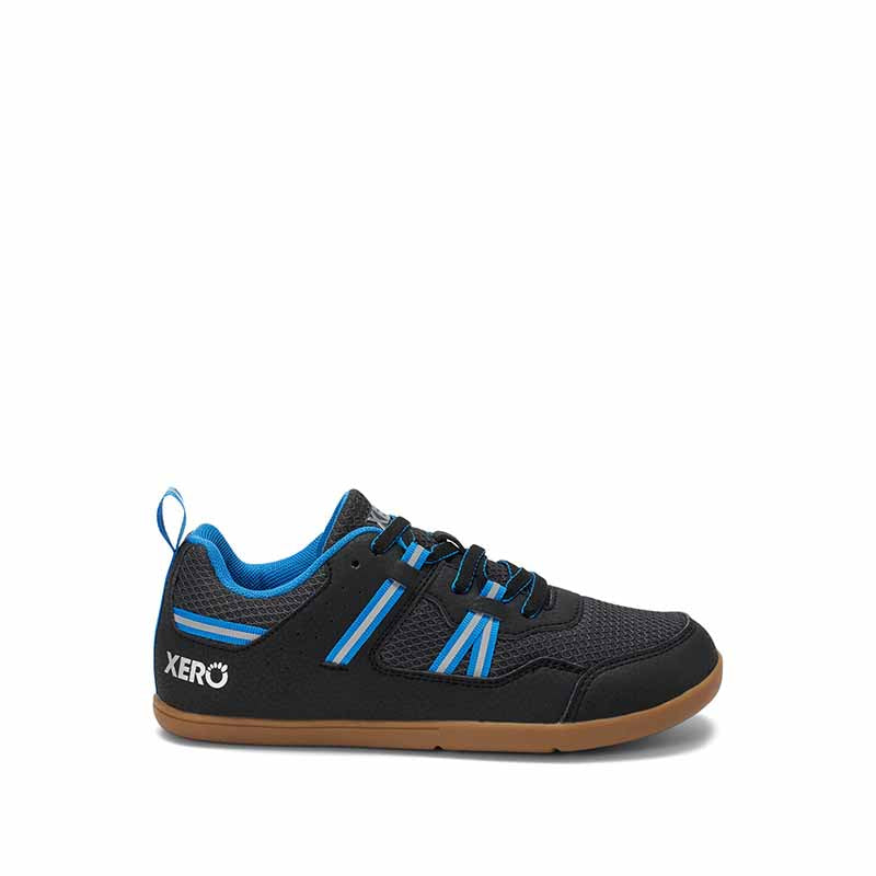 Xero Kids Trainer Prio - Black and Blue, outer side view.