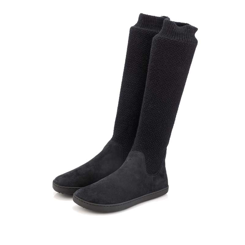 Pair of Shapen Women's Knitty Boots - Black, knitted calf material pulled up, angled view showing outer side and front.