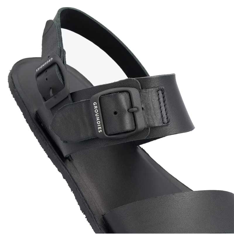 Groundies Adults Kos Sandal in black, close up of buckle.