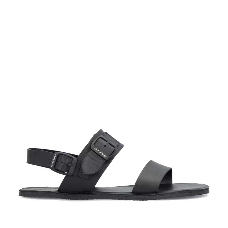 Groundies Adults Kos Sandal in black, outer side view.
