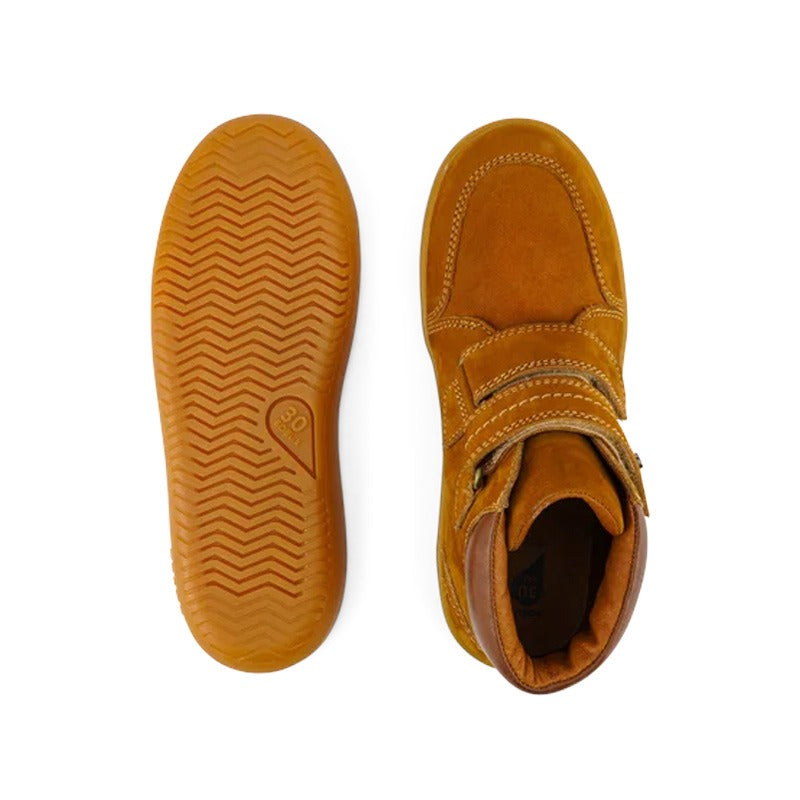 Pair of Bobux Kid+ Timber Boots - Mustard, sole view and top view