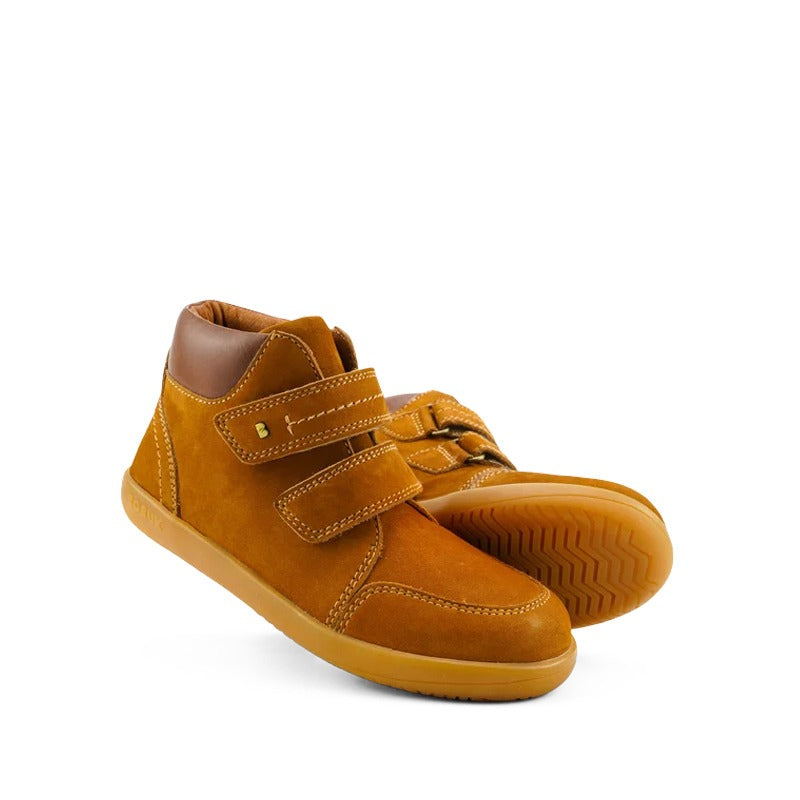 Pair of Bobux Kid+ Timber Boots - Mustard, angled outer side and slight sole view