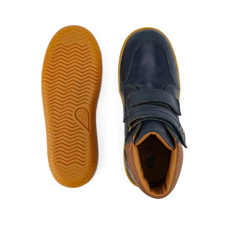 Pair of Bobux Kid+ Timber Boots - Navy, sole view and toe view