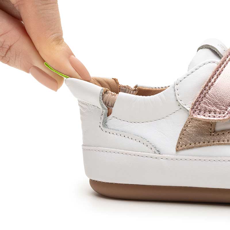 Tip Toey Joey Kids Trainer Landy - White Champagne Rose Gold, close up of heel.