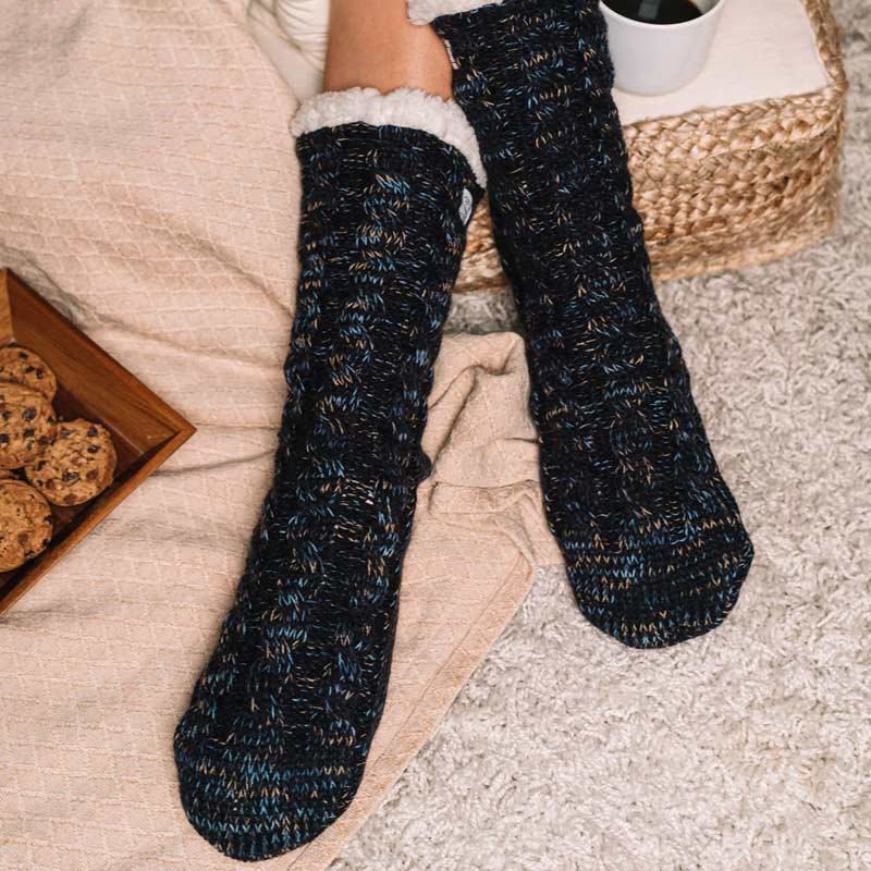 Cozy Sole Women's Slipper Socks - Cable Knit Navy (4)