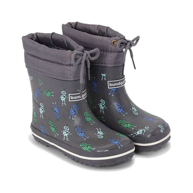 Pair of Bundgaard Kids Wellies Cirro Low Warm - Robots, outer side and front view