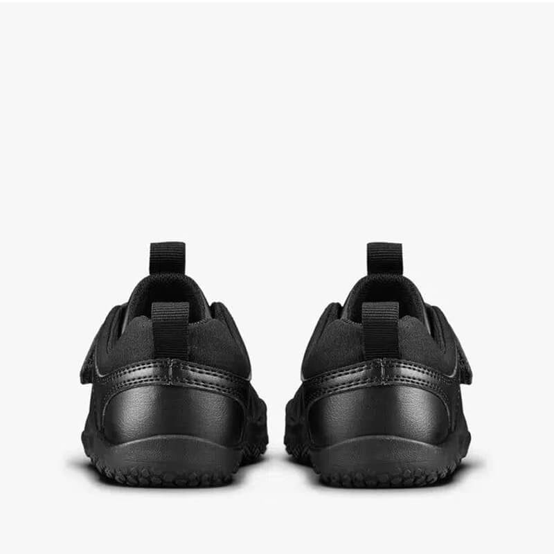 Pair of Vivobarefoot Kids Vegan School Shoes Ludo - Obsidian, rear view.