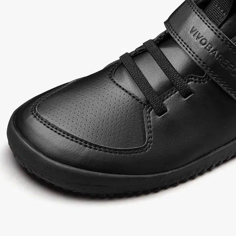 Vivobarefoot Kids Vegan School Shoe Ludo - Obsidian, close up of toe box.