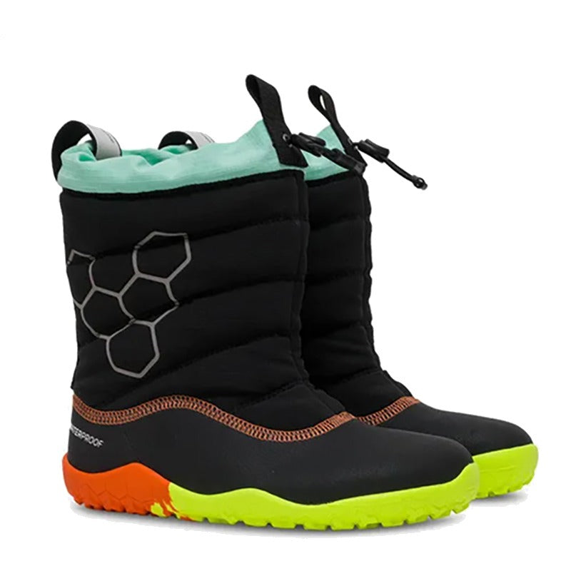 Pair of Vivobarefoot Kids Boots Lumi - Electric Obsidian, angled view showing outer side and front.