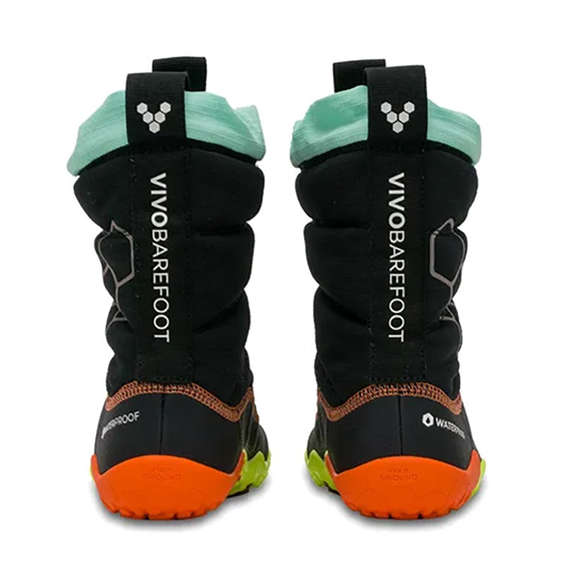Pair of Vivobarefoot Kid Boots Lumi - Electric Obsidian, rear view.