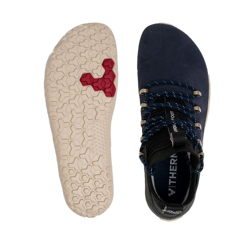 Pair of Vivobarefoot Women's Magna Trail FG - Dress Blue, one showing the sole view and the other showing the top view.