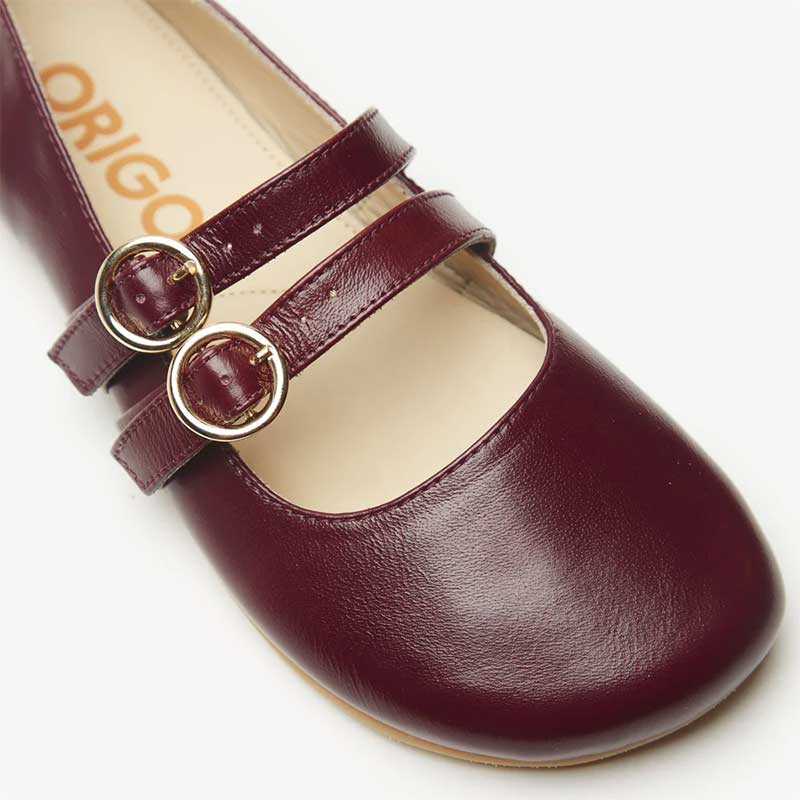 Origo Women's Double Strap Mary Jane Shoe - Patent Burgundy, close up of toe box.
