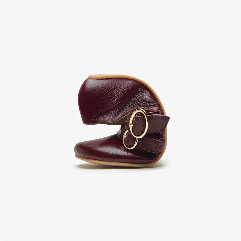 Origo Women's Double Strap Mary Jane Shoe - Patent Burgundy, scrunched up.