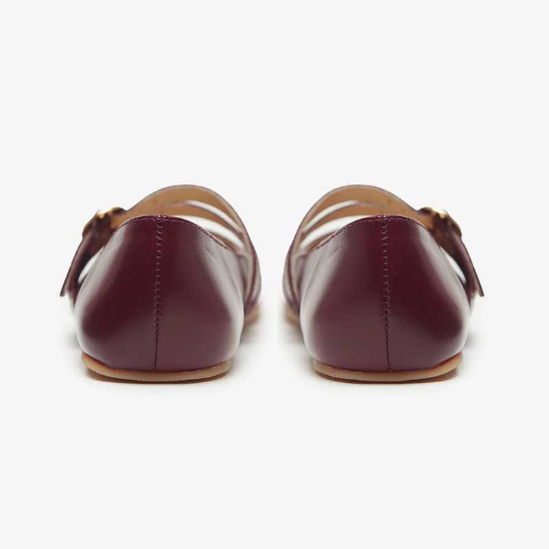 Pair of Origo Women's Double Strap Mary Jane Shoes - Patent Burgundy, rear view.