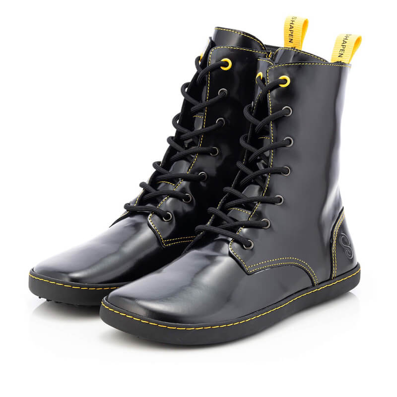 Pair of Shapen Adults Maverick Combat Boots - Black, angled view showing outer side and front.