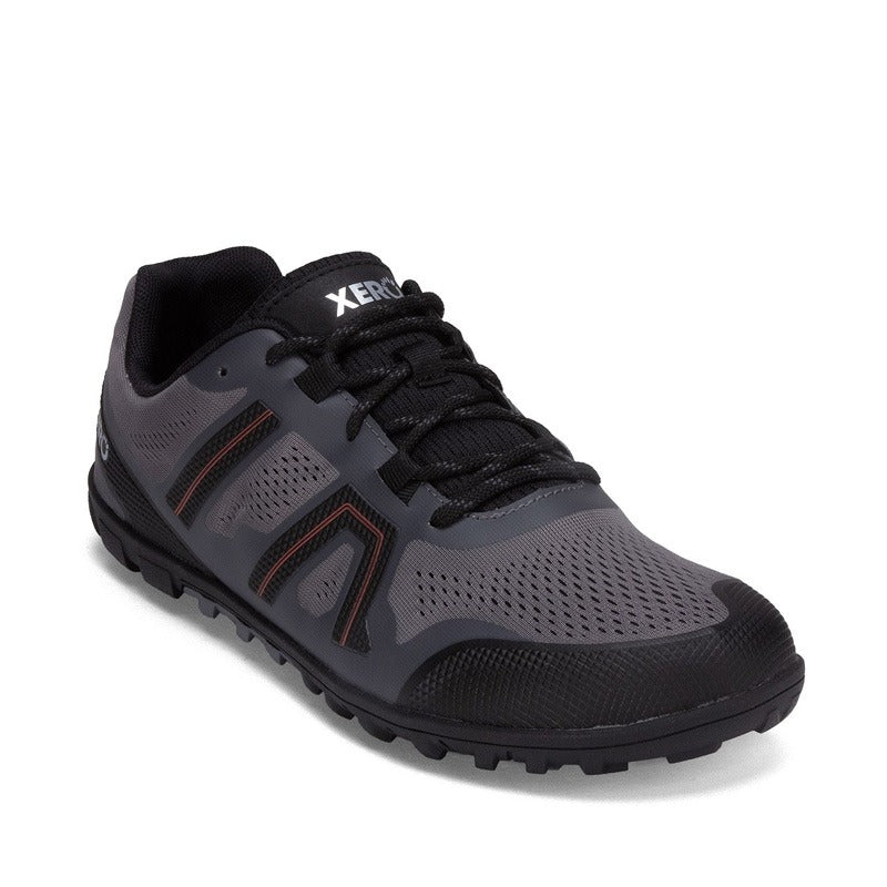 Xero Men's Trail Shoe Mesa Trail II - Steel/Grey/Orange, angled view showing outer side and front.