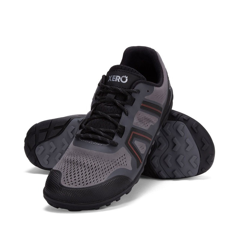 Pair of Xero Men's Trail Shoes Mesa Trail II - Steel/Grey/Orange, one showing the front and outer side view and the other showing the sole view.