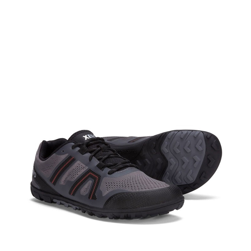 Pair of Xero Men's Trail Shoes Mesa Trail II - Steel/Grey/Orange, one angled showing the outer side and front view and the other showing the sole view.