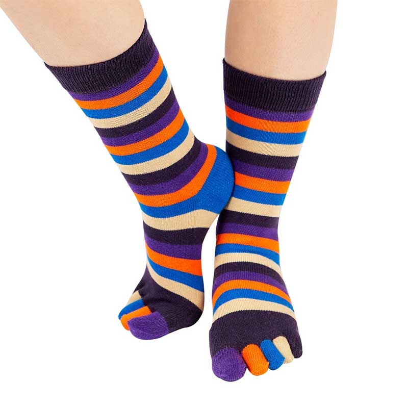 Person wearing TOETOE Adults Essential Mid-Calf Toe Socks - Striped Midnight.