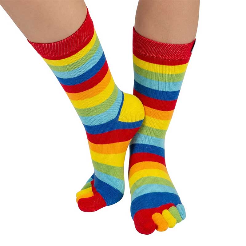 Person wearing TOETOE Adults Essential Mid-Calf Toe Socks - Striped Rainbow.