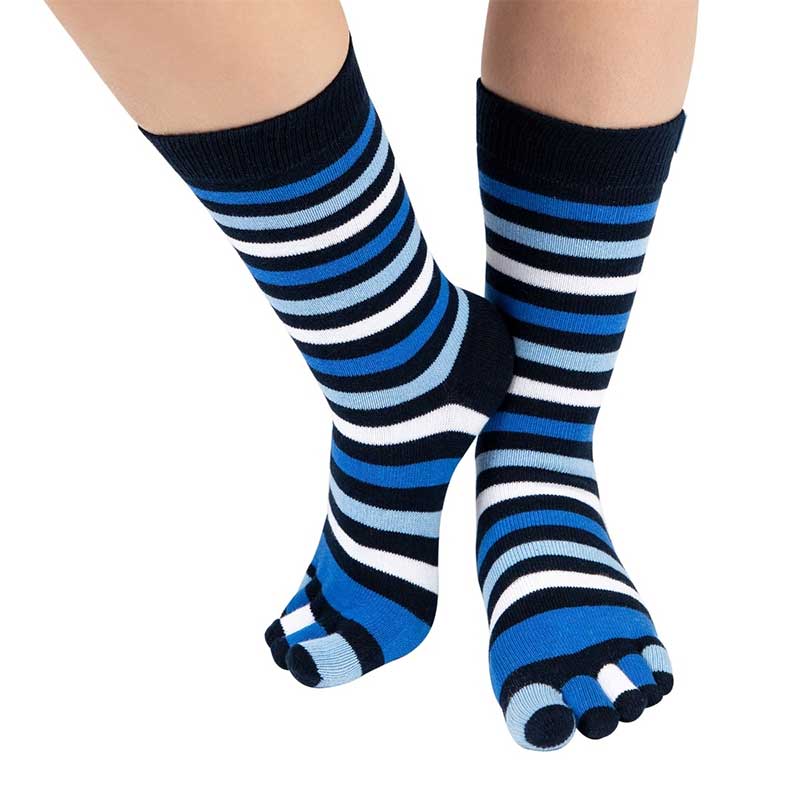 Person wearing TOETOE Adults Essential Mid-Calf Toe Socks - Striped Denim.