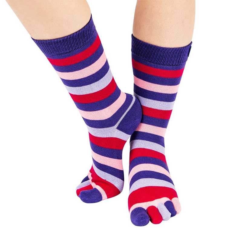 Person wearing TOETOE Adults Essential Mid-Calf Toe Socks - Striped Purple.