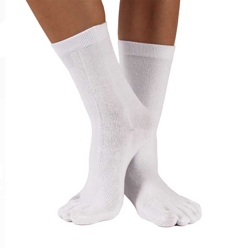 Person wearing TOETOE Adults Essential Mid-Calf Toe Socks - White.