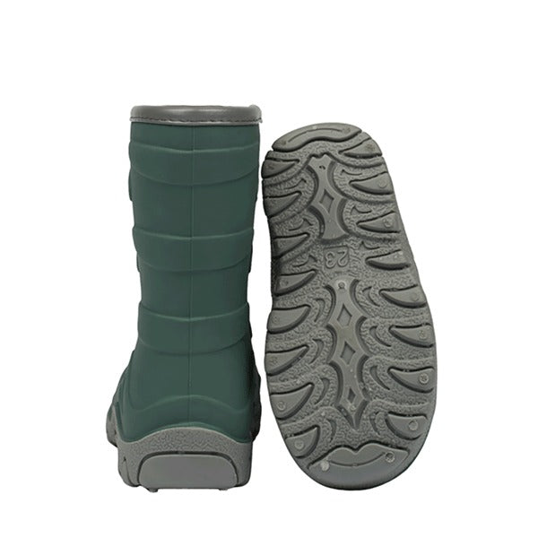 Pair of Mikk-Line Kids Thermal Boots - Balsam Green, rear and sole view.