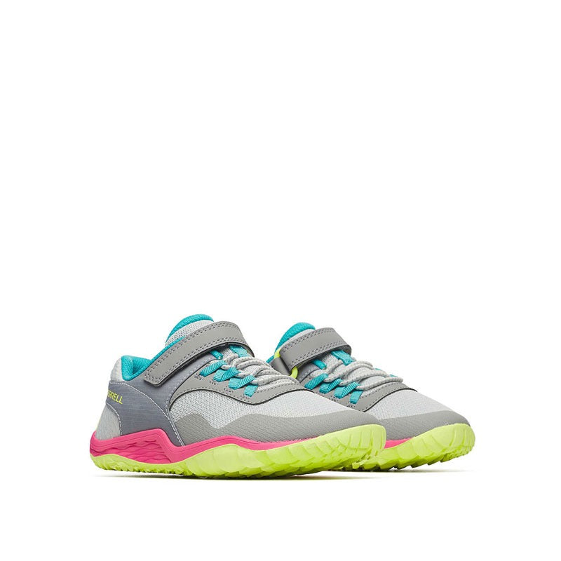 Pair of Merrell Kids Trail Glove 7 Shoes - Grey and Pink, outer side and front view.