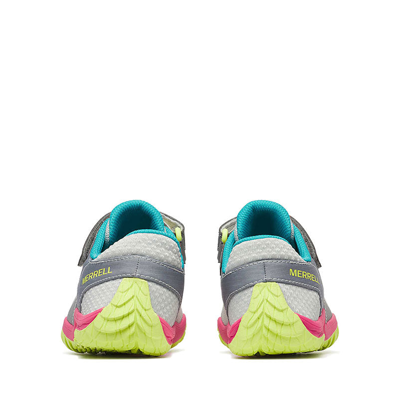Pair of Merrell Kids Trail Glove 7 Shoes - Grey and Pink, rear view.