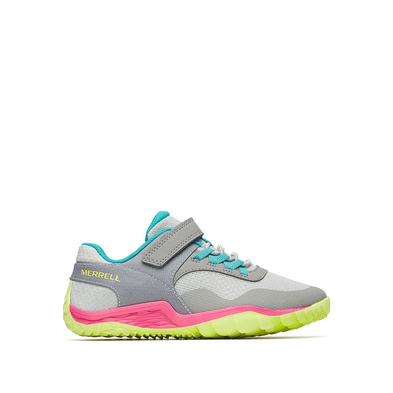 Merrell Kids Trail Glove 7 Shoe - Grey and Pink, outer side view.