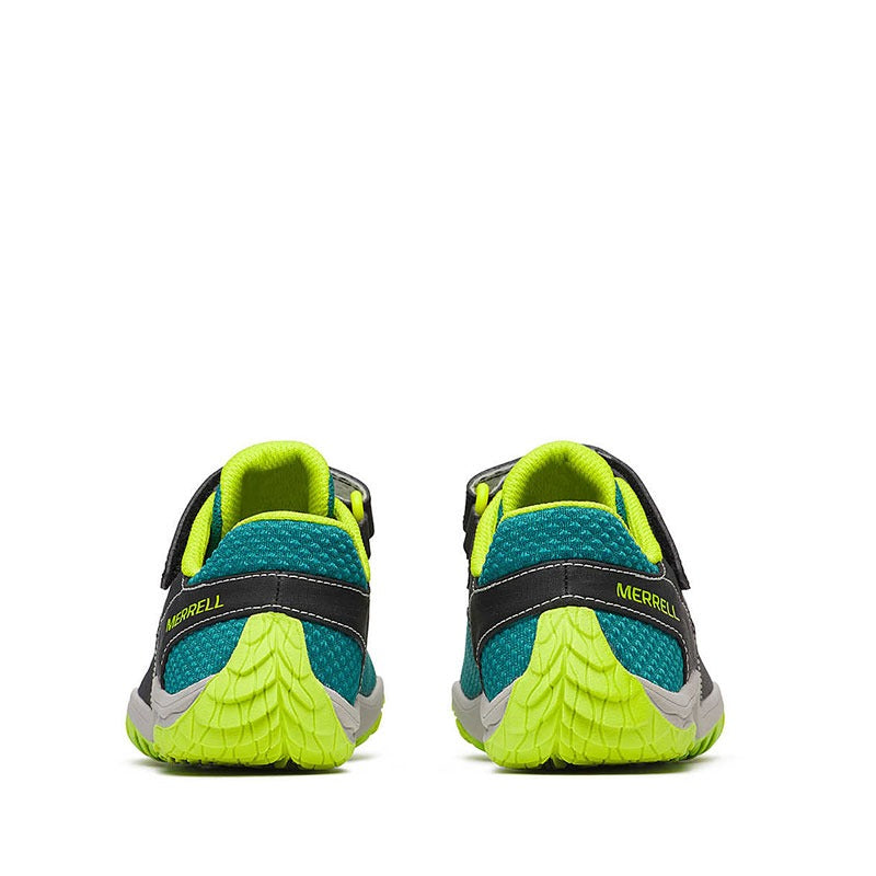 Pair of Merrell Kids Trail Glove 7 Shoes - Black and Teal, rear view.