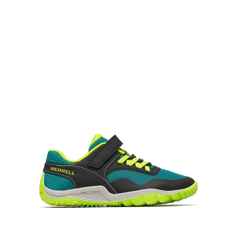Merrell Kids Trail Glove 7 Shoe - Black and Teal, outer side view.
