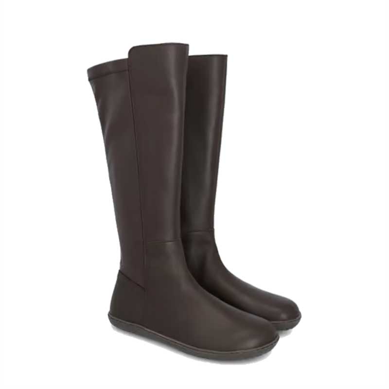 Pair of Groundies Women's Mona Stretch Boots in brown, outer side and front view.