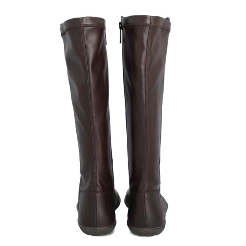 Pair of Groundies Women's Mona Stretch Boots in brown, rear view.