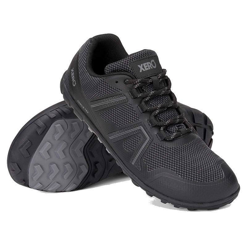 Pair of Xero Men's Waterproof Trail Shoes Mesa Trail - Black, one angled showing the outer side and front view and the other showing the sole view.