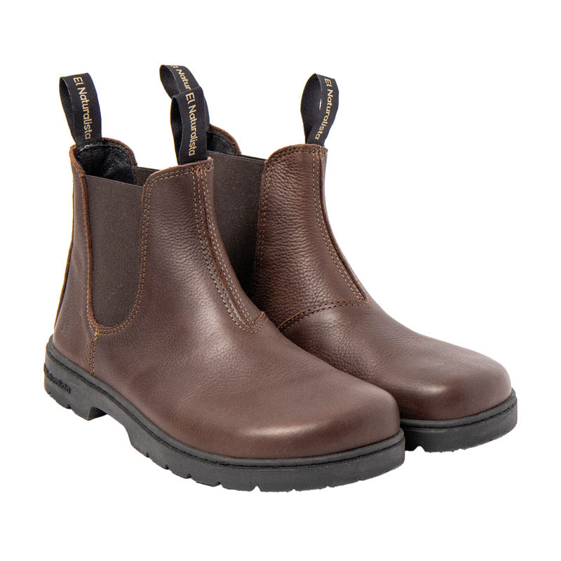 Pair of El Naturalista Barefoot Alpine Nomada Chelsea Boots - Brown, angled view showing outer side and front.