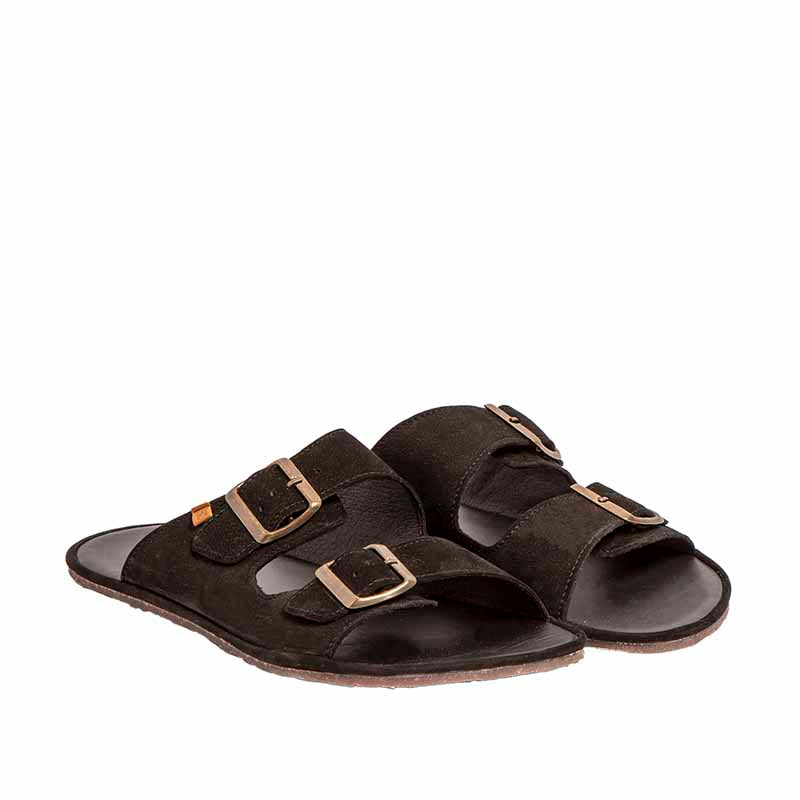 Pair of El Naturalista Barefoot Bare Slides - Black, angled view showing outer side and front.