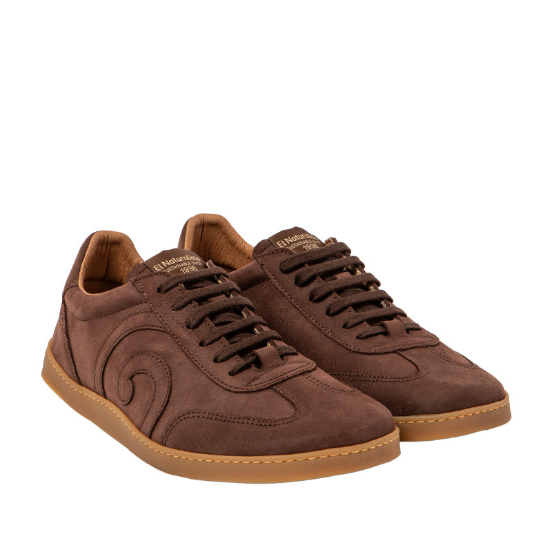 Pair of El Naturalista Barefoot Pleasant Origen Shoes - Wood, angled view showing outer side and front.
